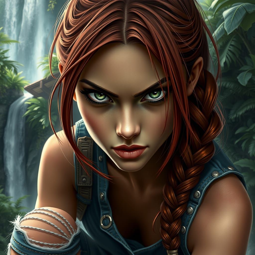 Intense Green-Eyed Woman in Jungle, Hyperdetailed Digital Ar...