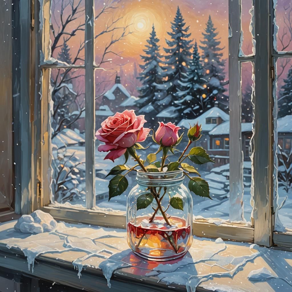 Magical Rose in Winter Landscape: Gouache Impressionist Pain...