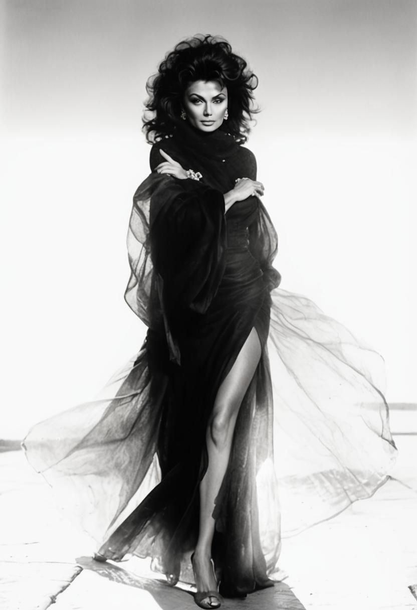 Fashion illustration striking barefoot Sophia Loren model