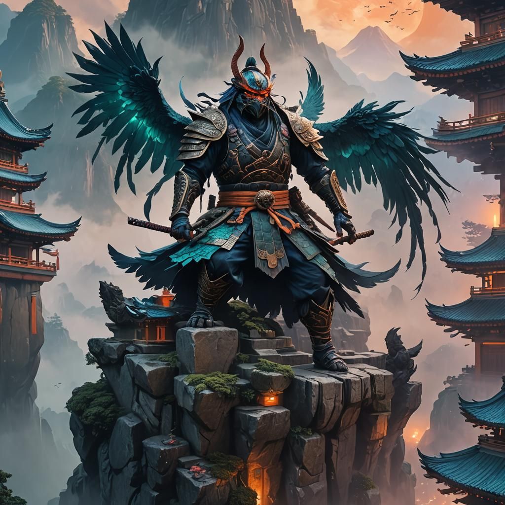 Tengu Ninja Perched Atop Misty Temple