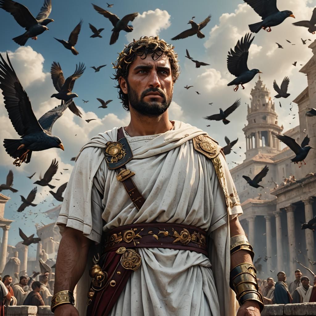 Roman Man Portrait with Birds in Sky, Detailed Matte Paintin...