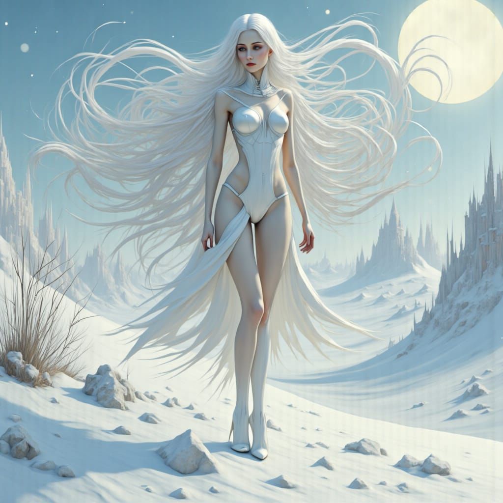 Woman in Futuristic Bikini Stands in Snow