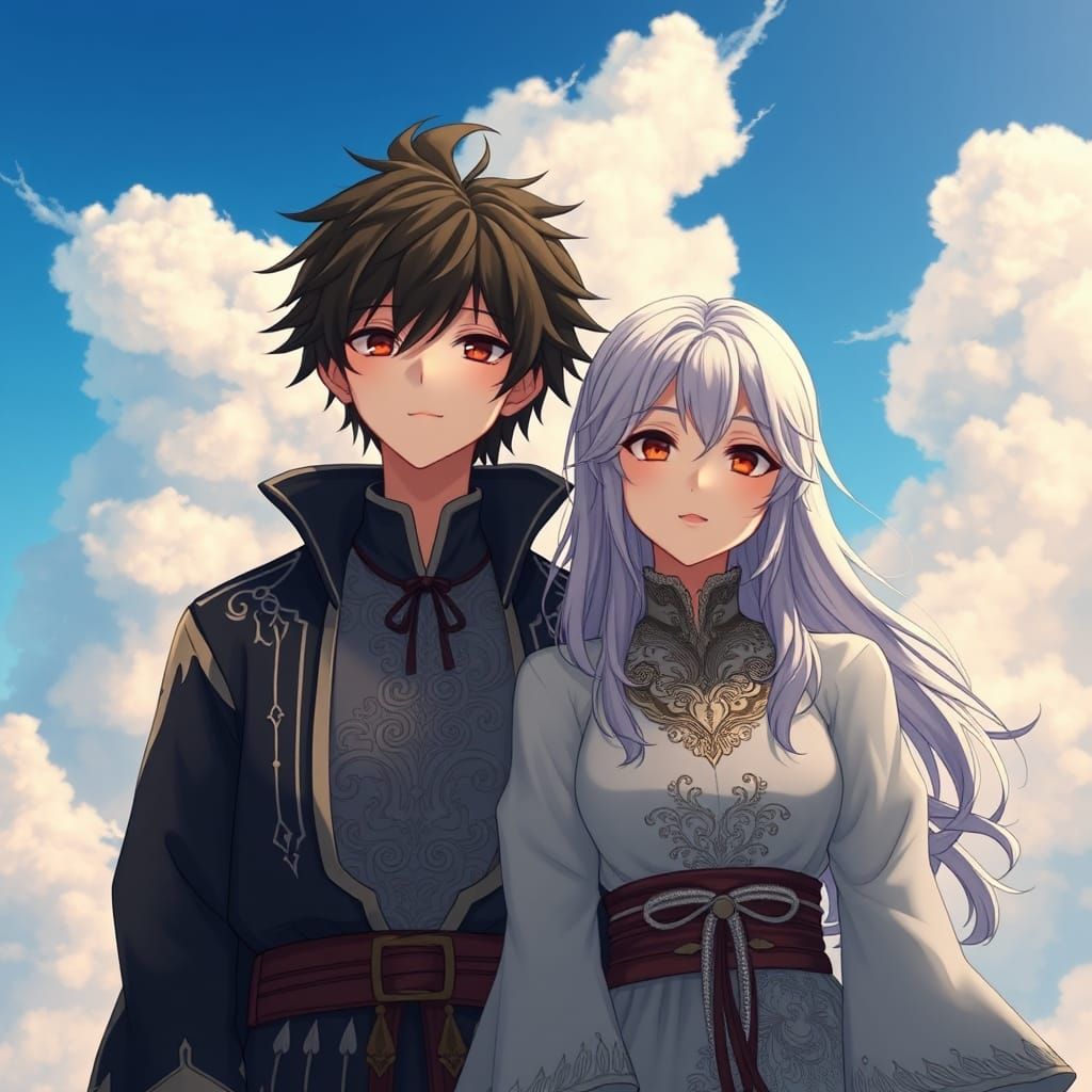 Anime Couple in Blue Sky, Genshin Impact Style
