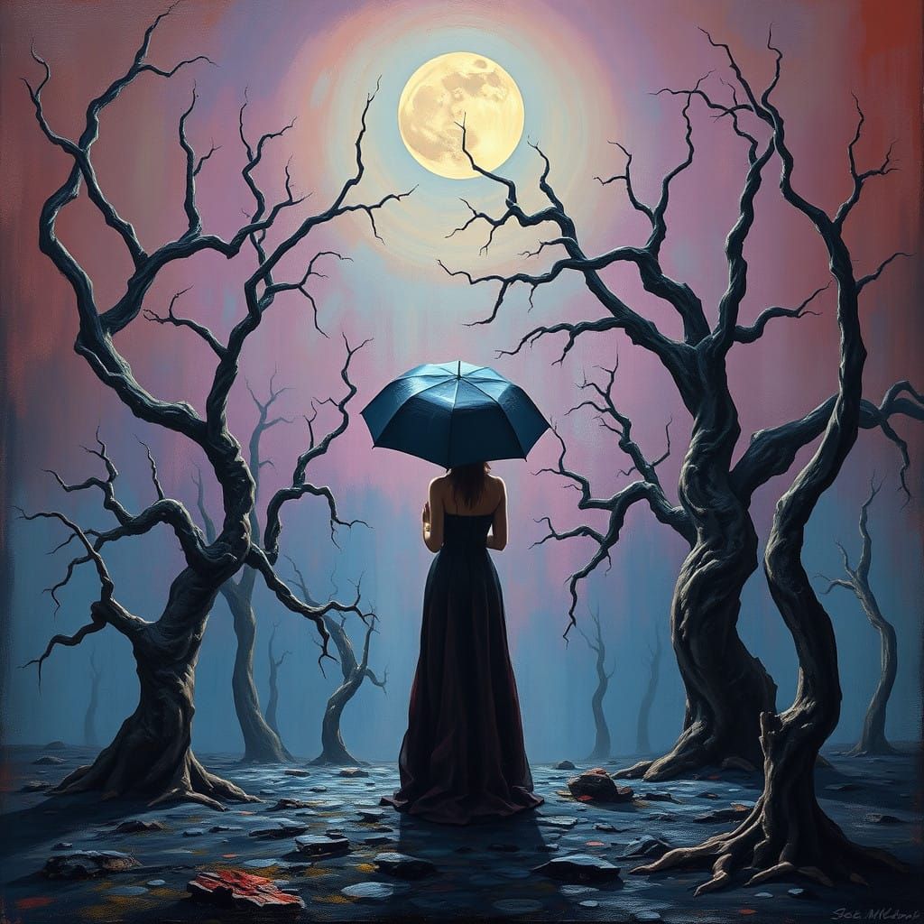 Ethereal Dreamscape with Woman and Twisted Trees in Moonligh...