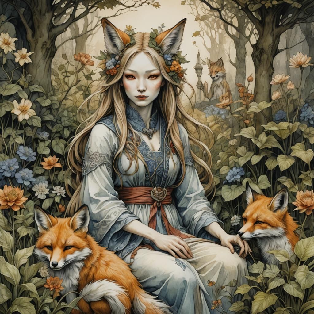 Kitsune Woman in Garden, Brian Froud Style Sketch