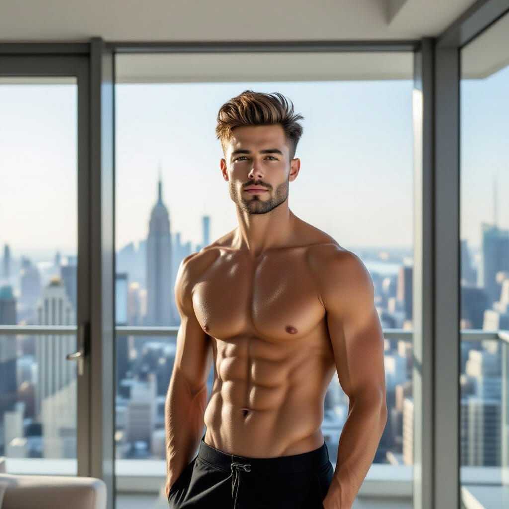 Sunlit Penthouse: Shirtless Man with City View