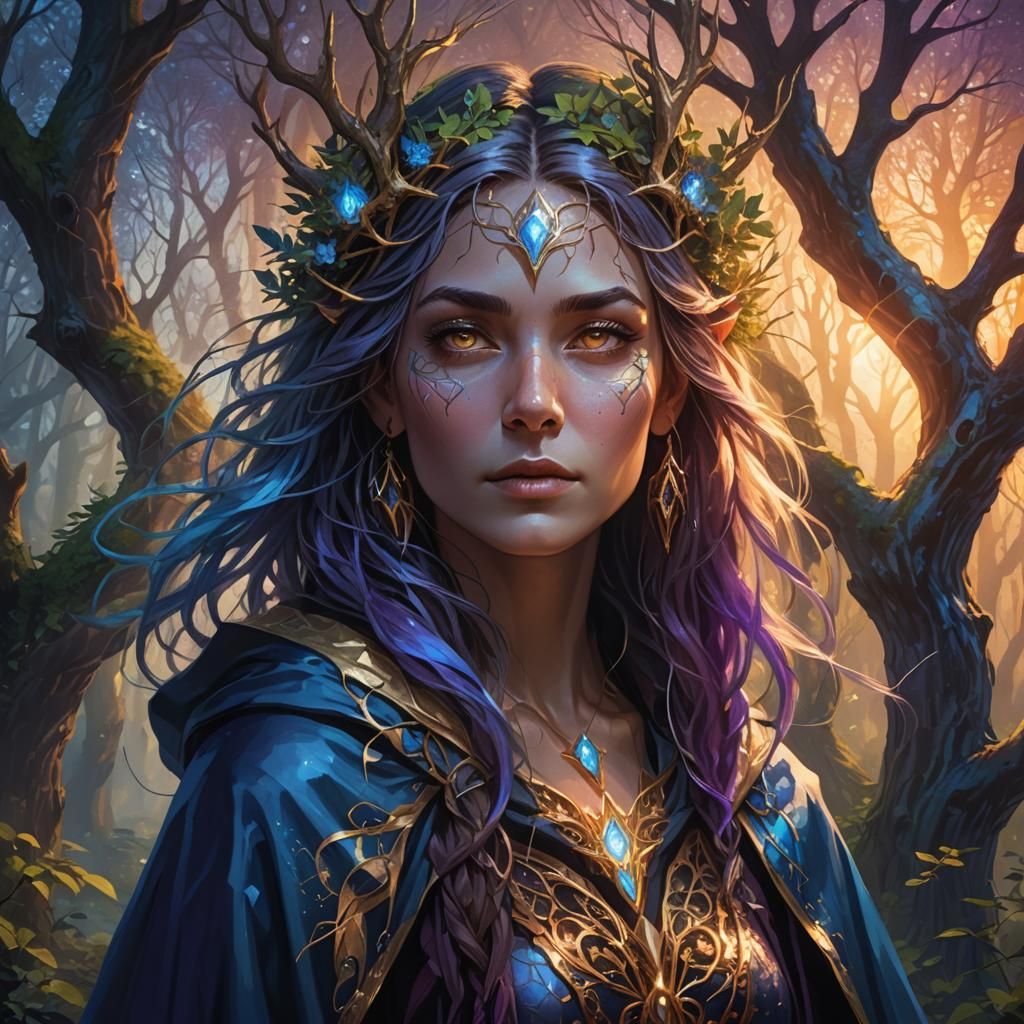 Mystical Sorceress Portrait in Fantasy Forest, Digital Art