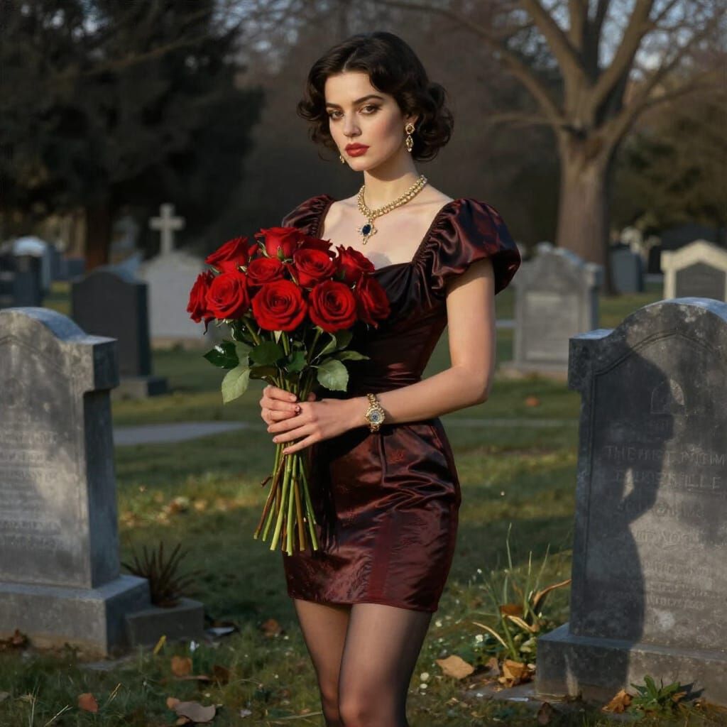 Elegant Wealthy Woman with Red Flowers in Cemetery