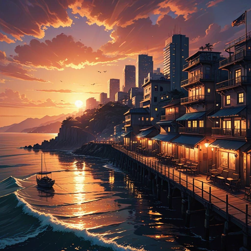 Anime-Inspired Cityscape Under Sunset