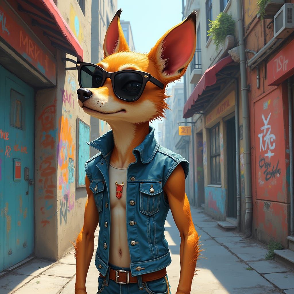 Cyberpunk Dog Man in Street Art City