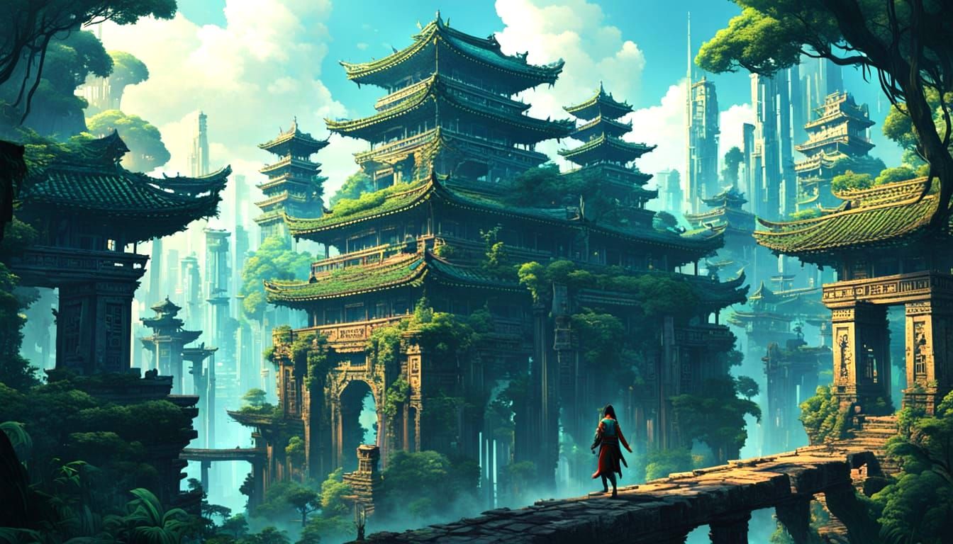 Ancient Ruins Meet Future City in Japanese Art Style