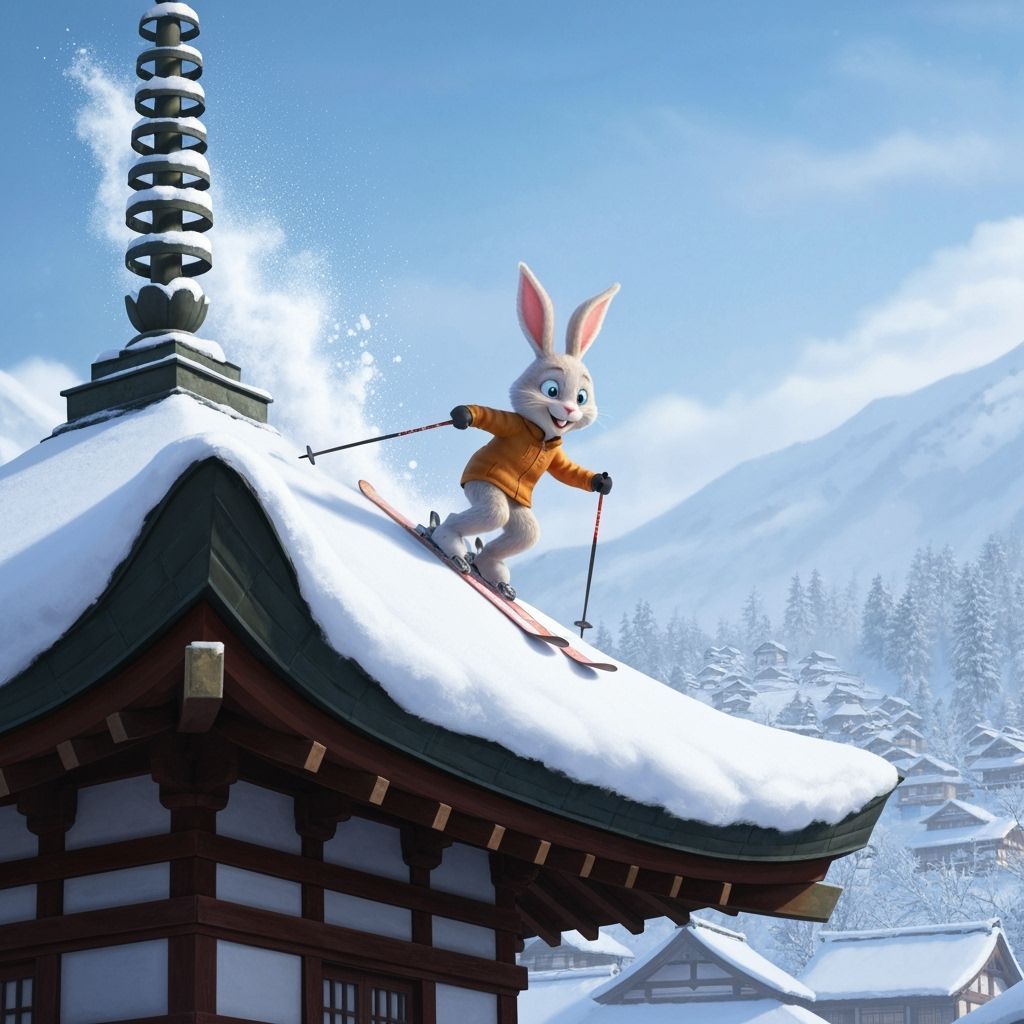 Happy Bunny Skier Jumps Pagoda Roof in Japanese Village