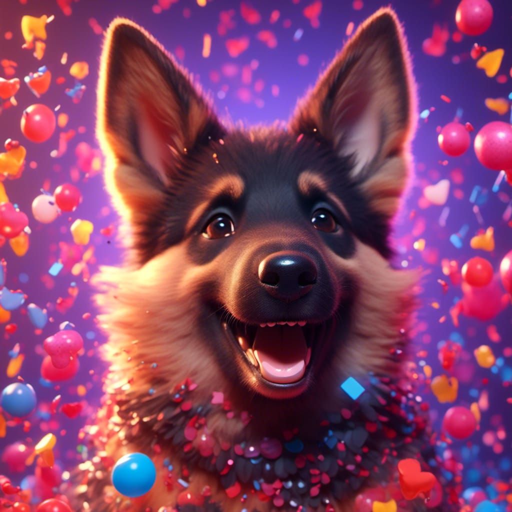 Smiling German Shepherd Puppy Portrait in Hyperdetailed Styl...