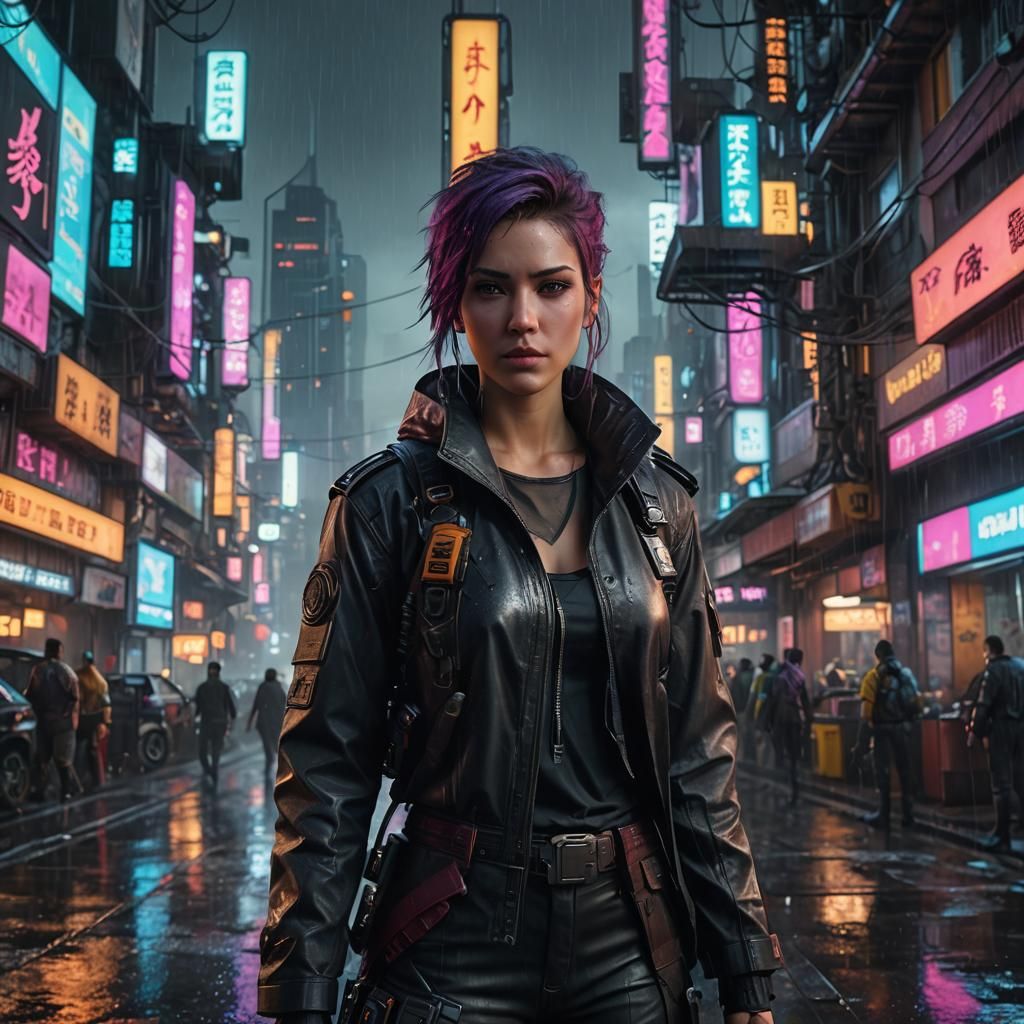 Cyberpunk Woman in Rainy Cityscape, Detailed Matte Painting