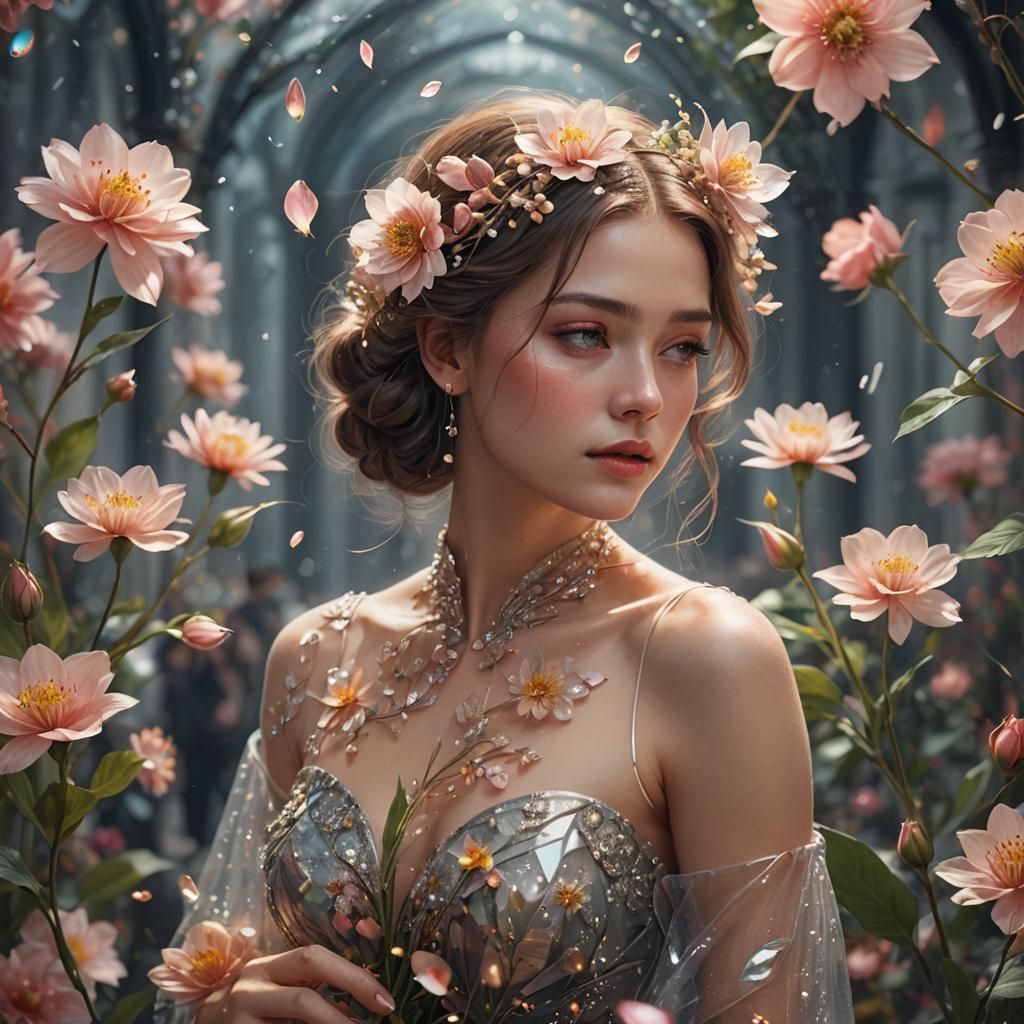 Ethereal Woman Among Vibrant Floral Blooms in a Glass Paradi...