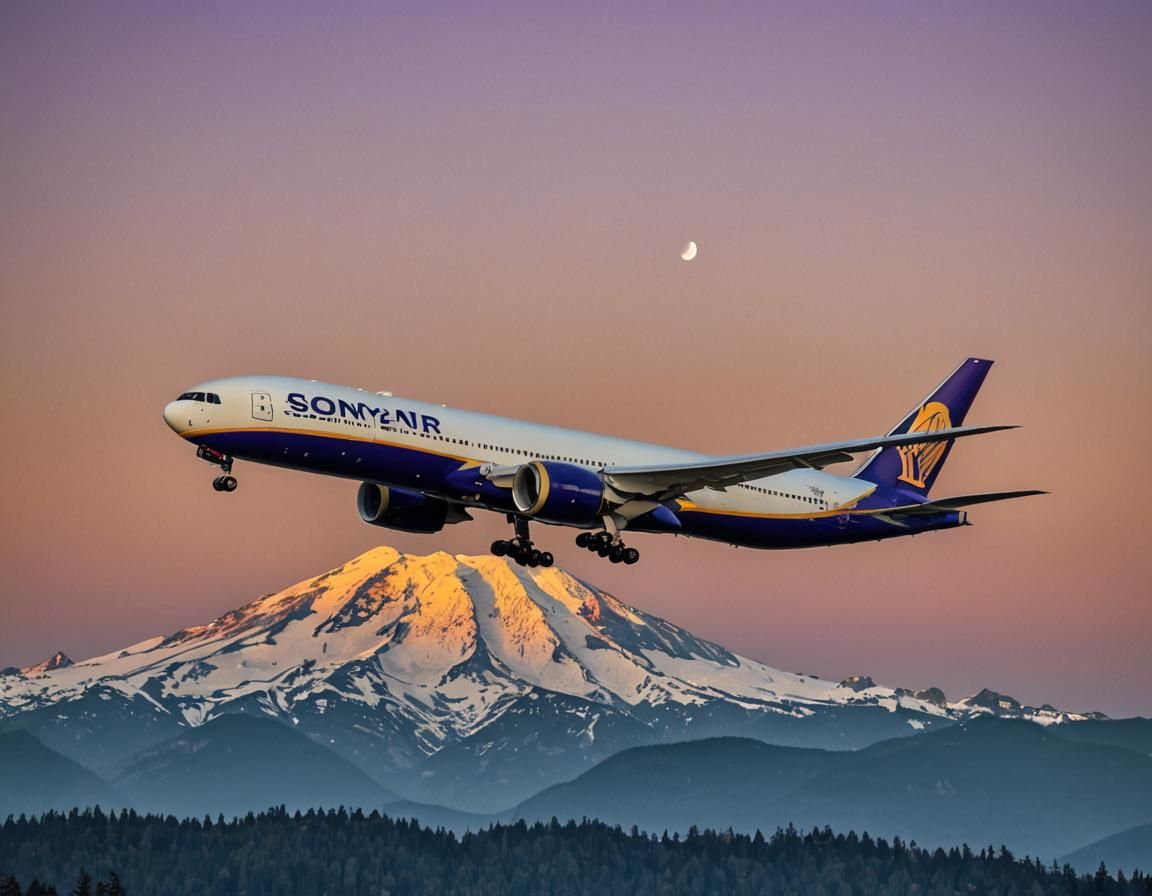 Boeing 777 Mount Rainier Sunset: Hyperrealistic Photo