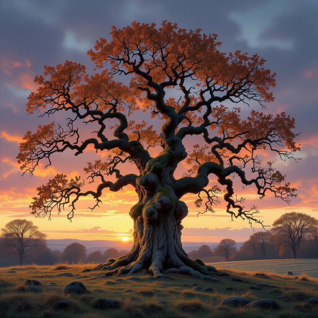 Ancient Oak in Twilight: Romanticism Landscape