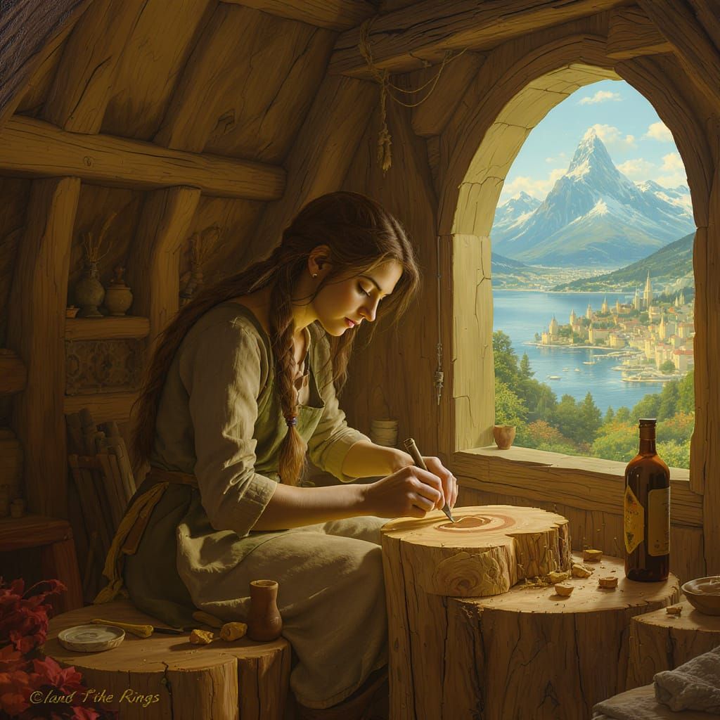 Woman Wood Carver in Cozy Cottage Painting