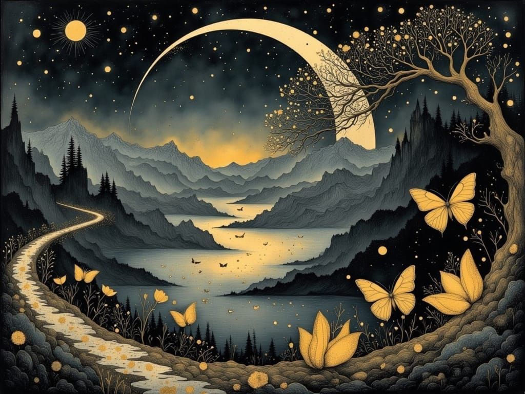 Whimsical Cloudscape Serenade Under a New Moon