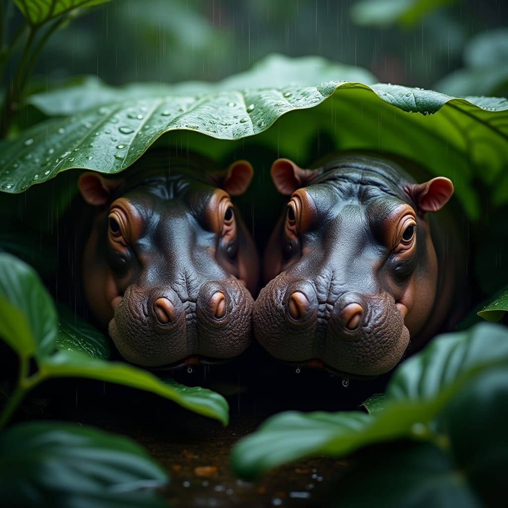 Tropical Hippo Sanctuary in Rainy Greenery