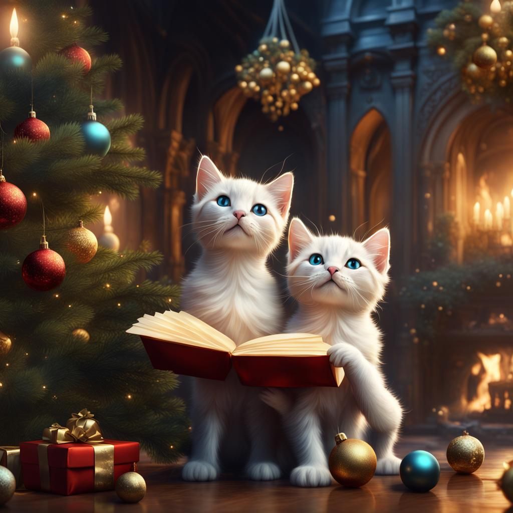 Heavenly Christmas Kittens: Detailed Matte Painting