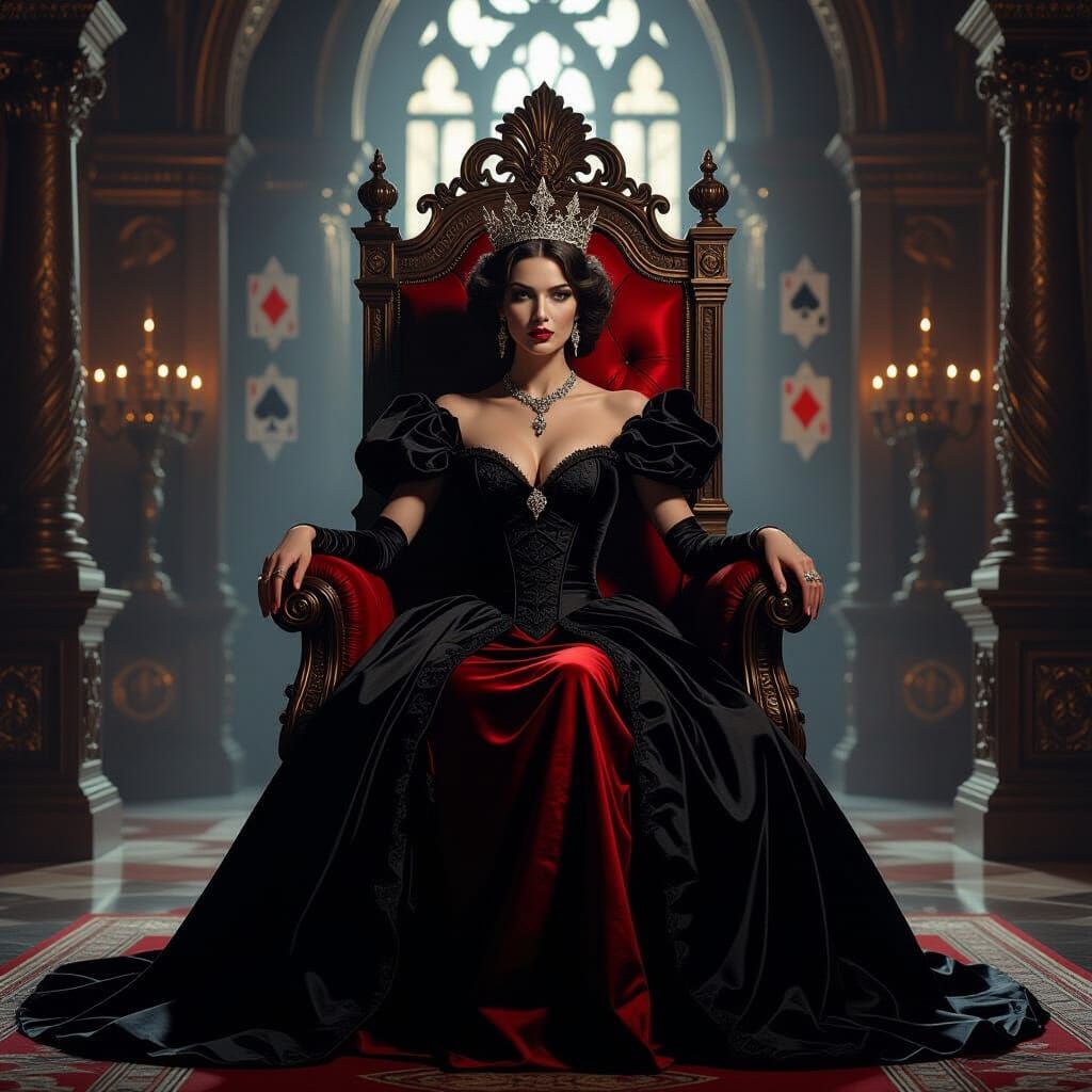 Regal Queen of Spades on Throne in Baroque Castle