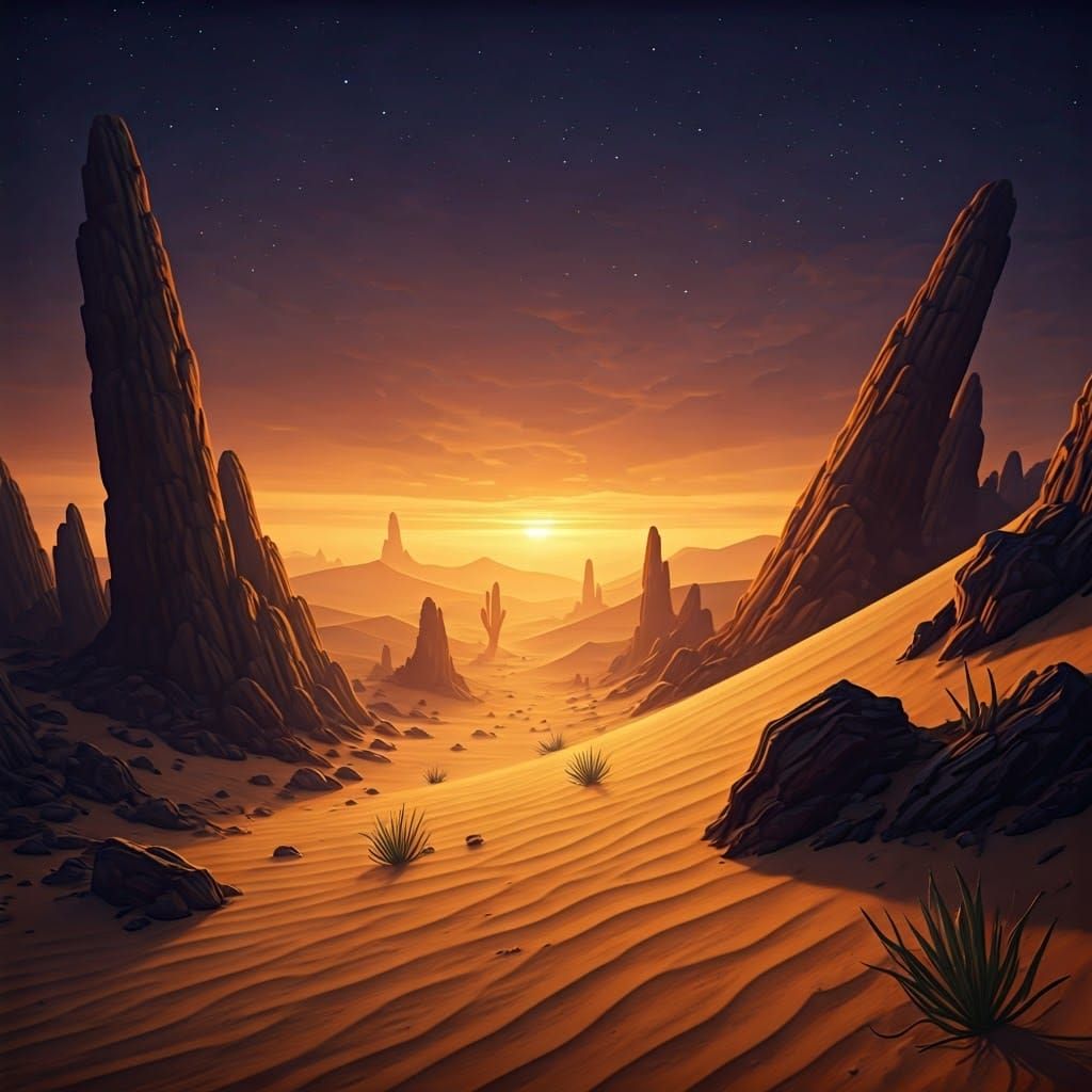 Vast Desert Landscape at Dusk with Dark Fantasy Elements