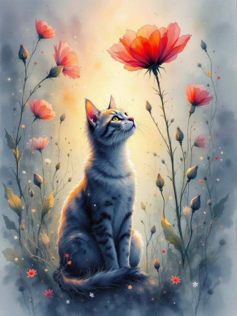Adorable Cat Under Tall Flower with Luminous Watercolor Styl...