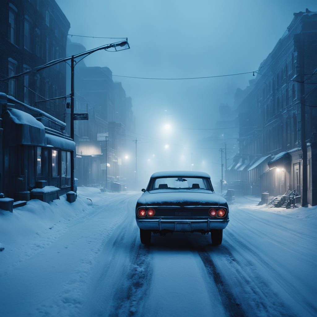 Snowy City Nightscape in Thick Fog
