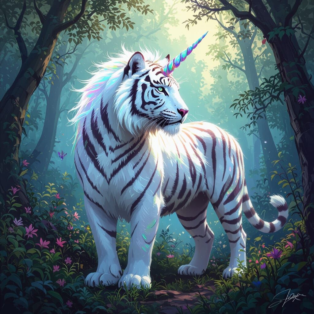 Iridescent Unicorn-Tiger Hybrid in Mystical Forest