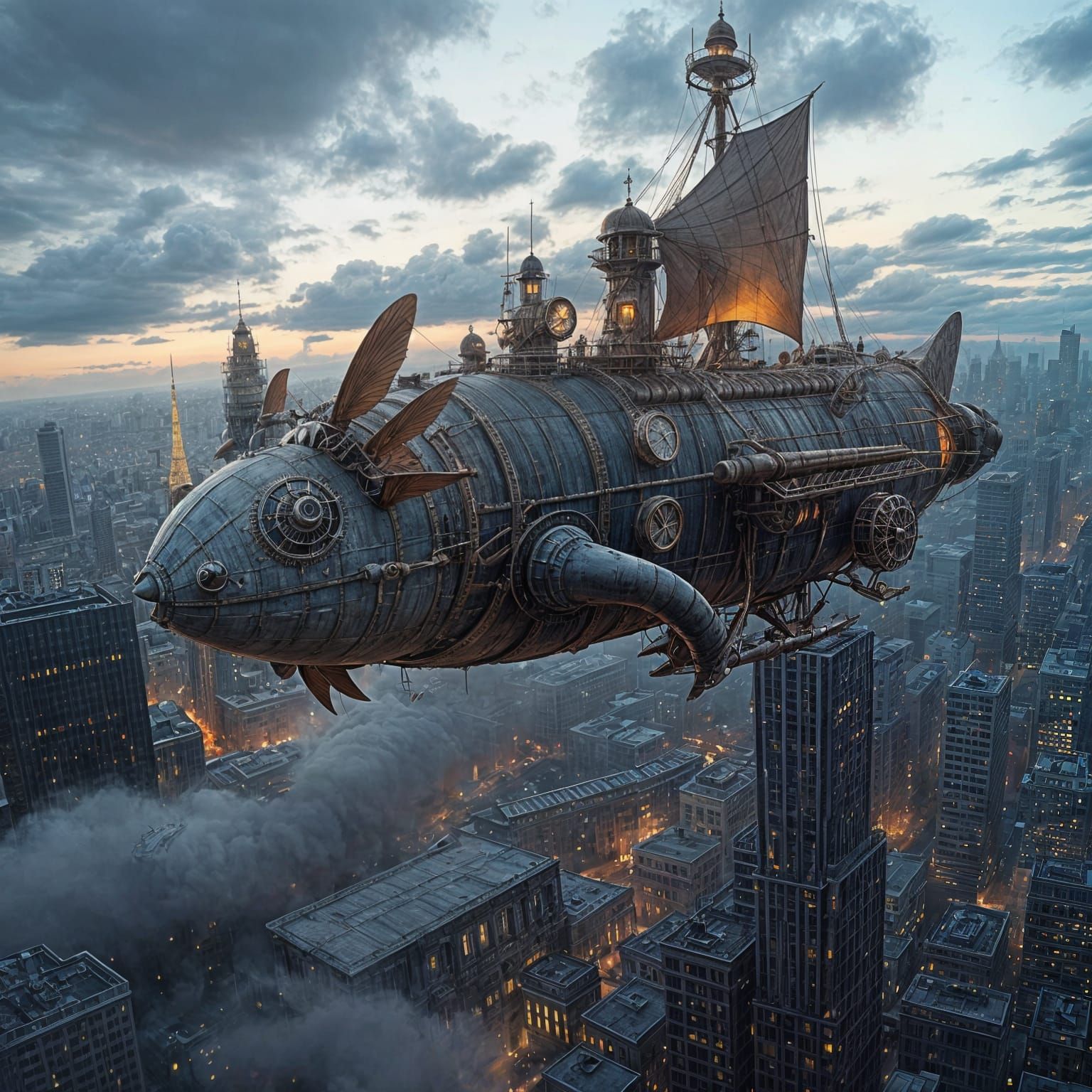 Surreal Steampunk Airship Axolotl Soars Over Metropolis