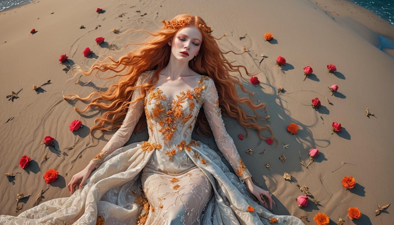 Ethereal Woman Dancing on a Sandy Beach in Stained-Glass Sty...