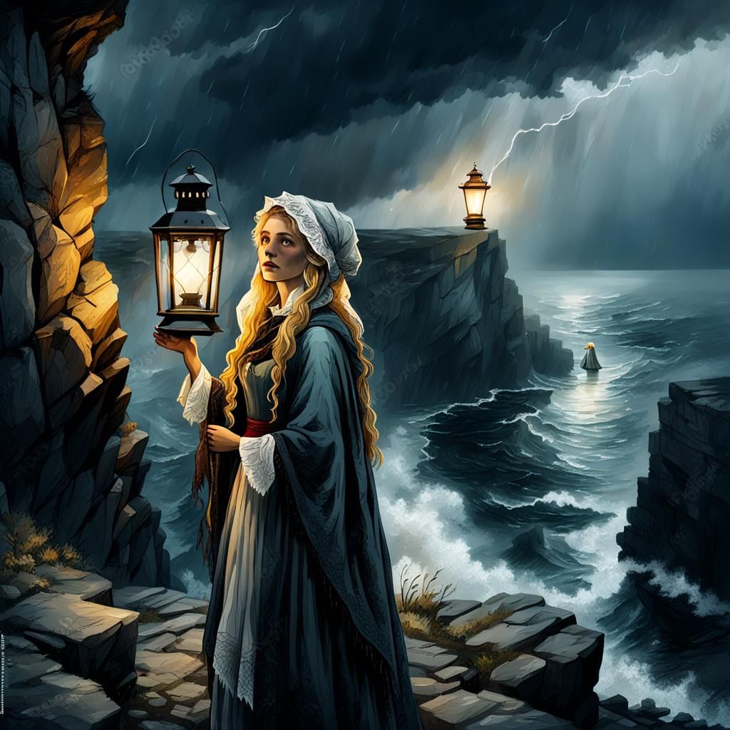 Girl with Lantern in Stormy Weather