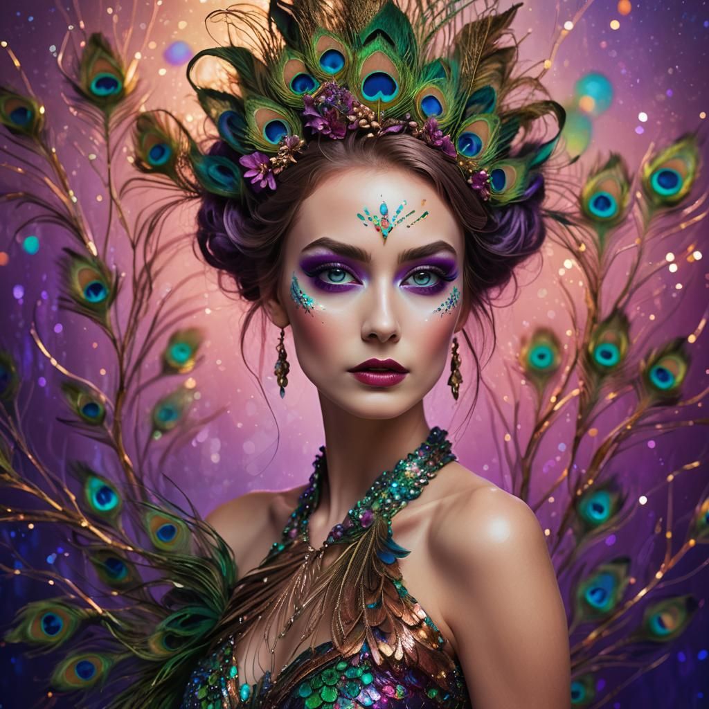 Rose Gold Woman with Peacock Feathers, Fantasy Portrait