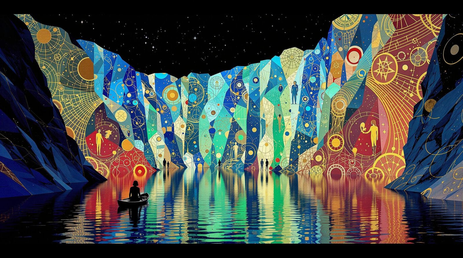 Klimt-Inspired Sci-Fi Quarry with Luminescent Panels