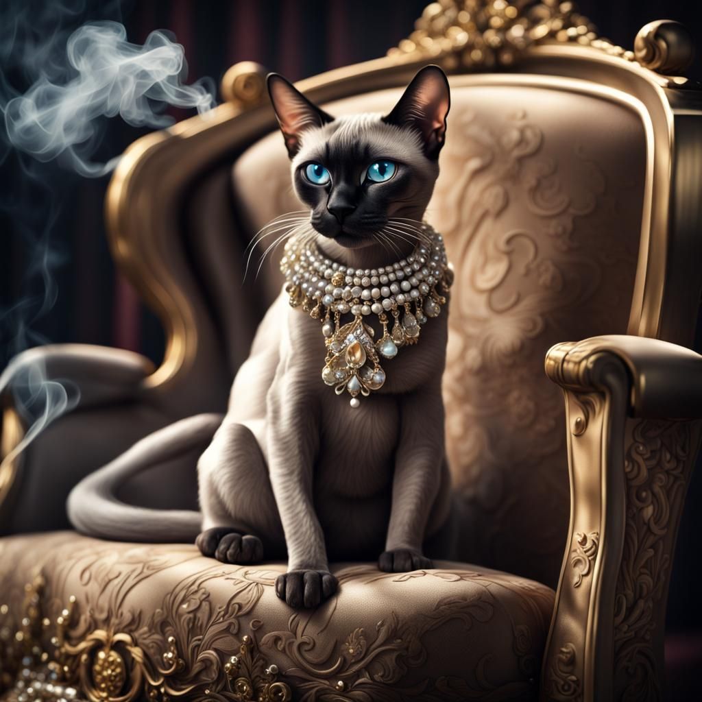Cartoon Siamese Sphinx with Jewels on Lounge