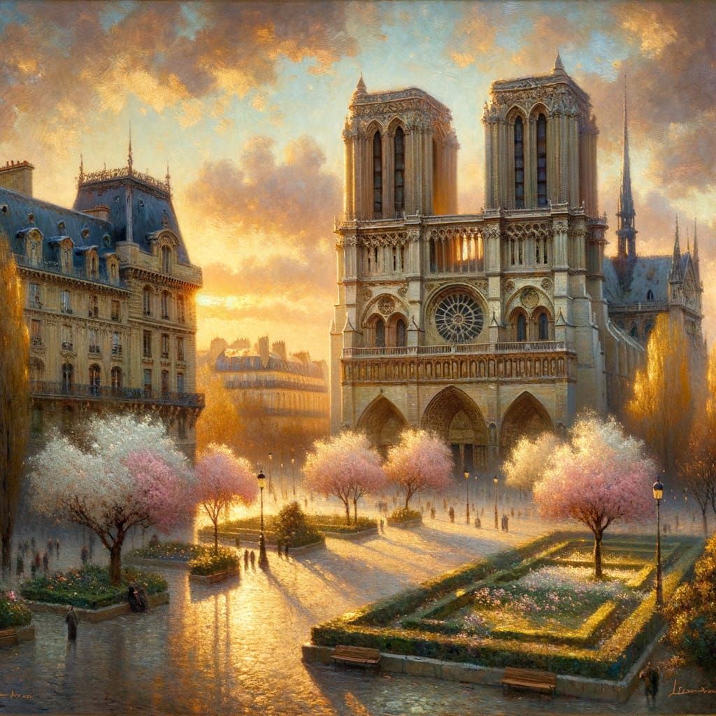 Impressionist Notre-Dame de Paris Cathedral at Dawn in Sprin...