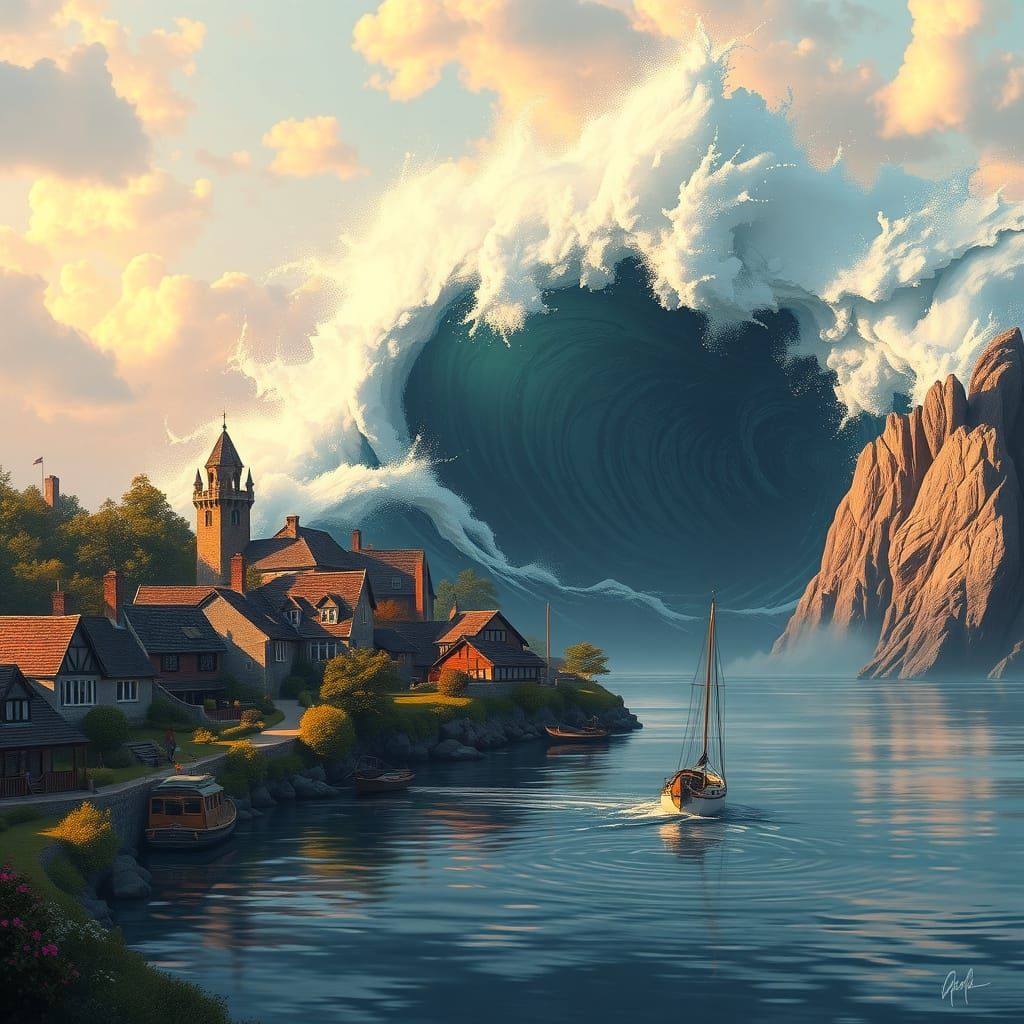 Tsunami Rushes Serene Lakeside Village: Matte Painting