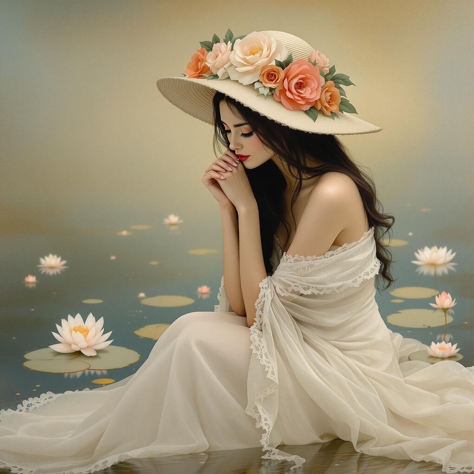 Elegant Woman with Roses by Water, Dreamy Art Style