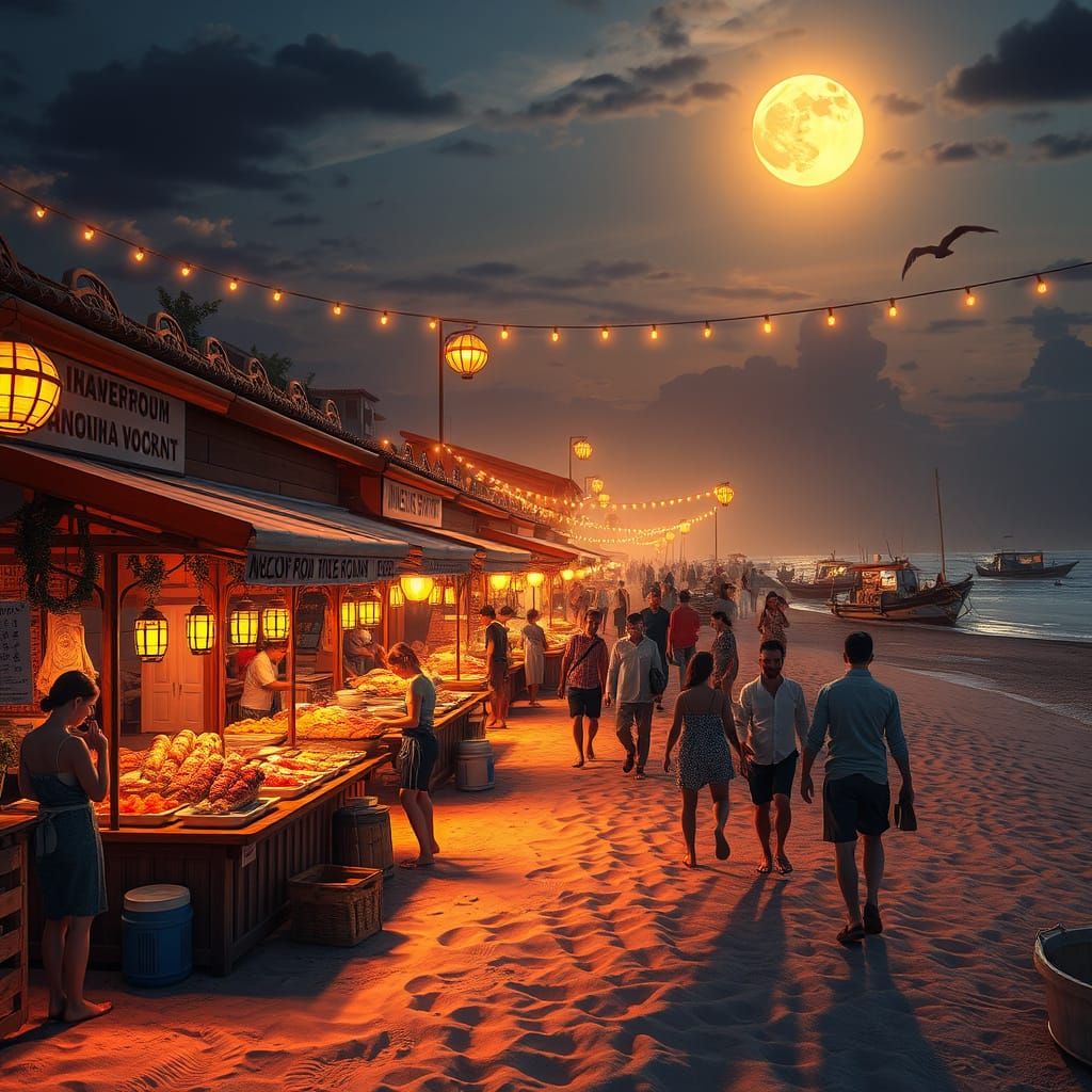 Enchanting Coastal Night Market Under Golden Lanterns