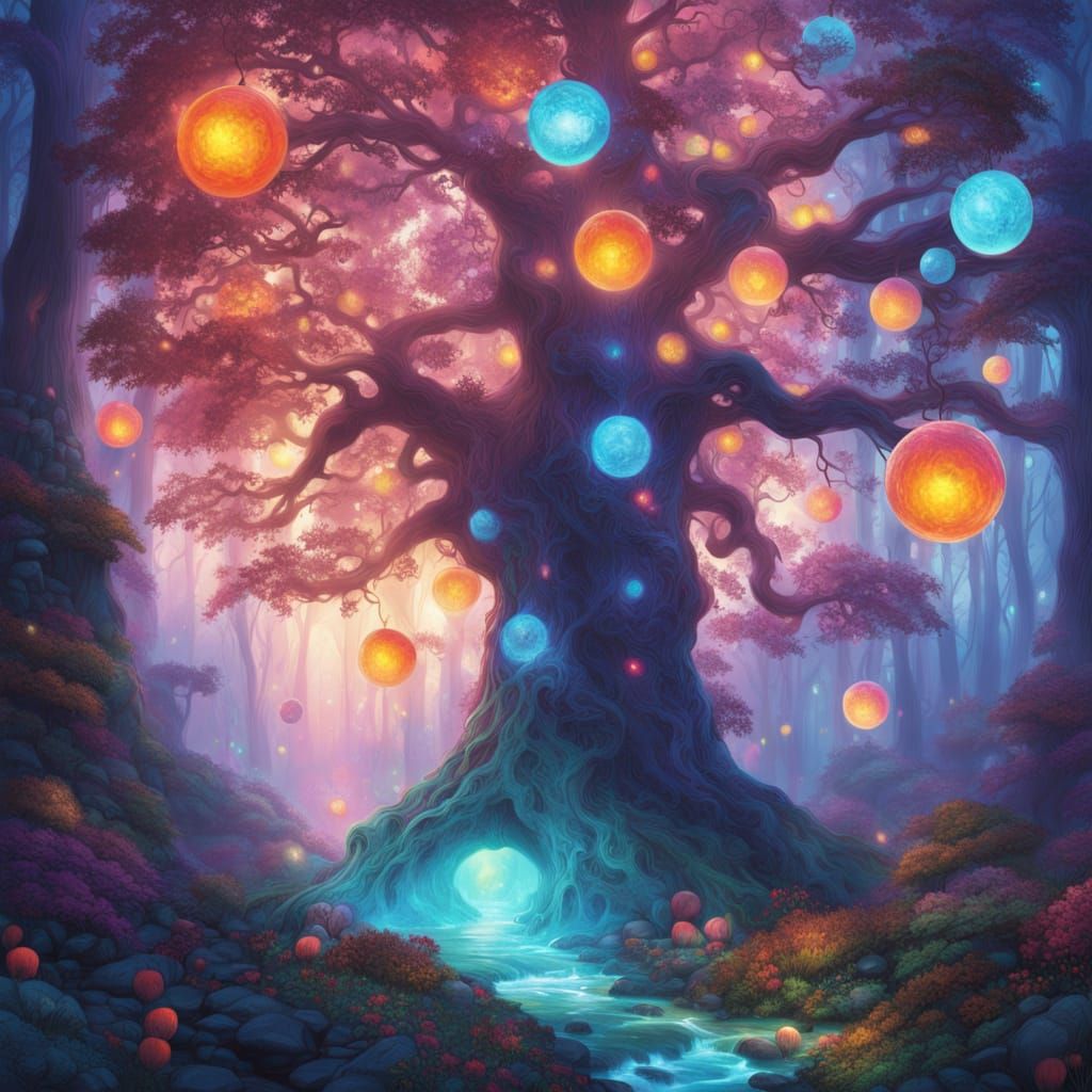 Surreal Tree of Glowing Orbs in a Misty Forest