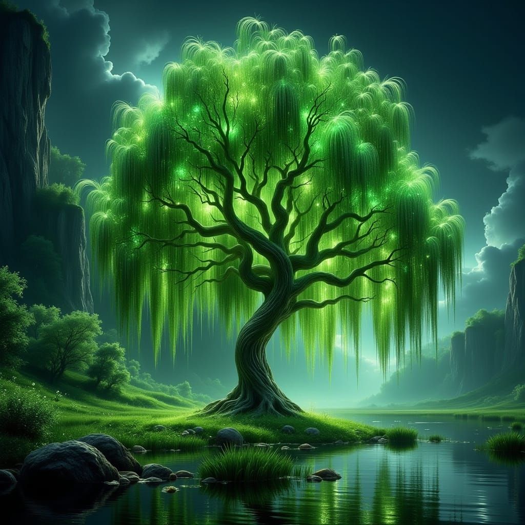 Giant Glowing Willow Tree Beside River