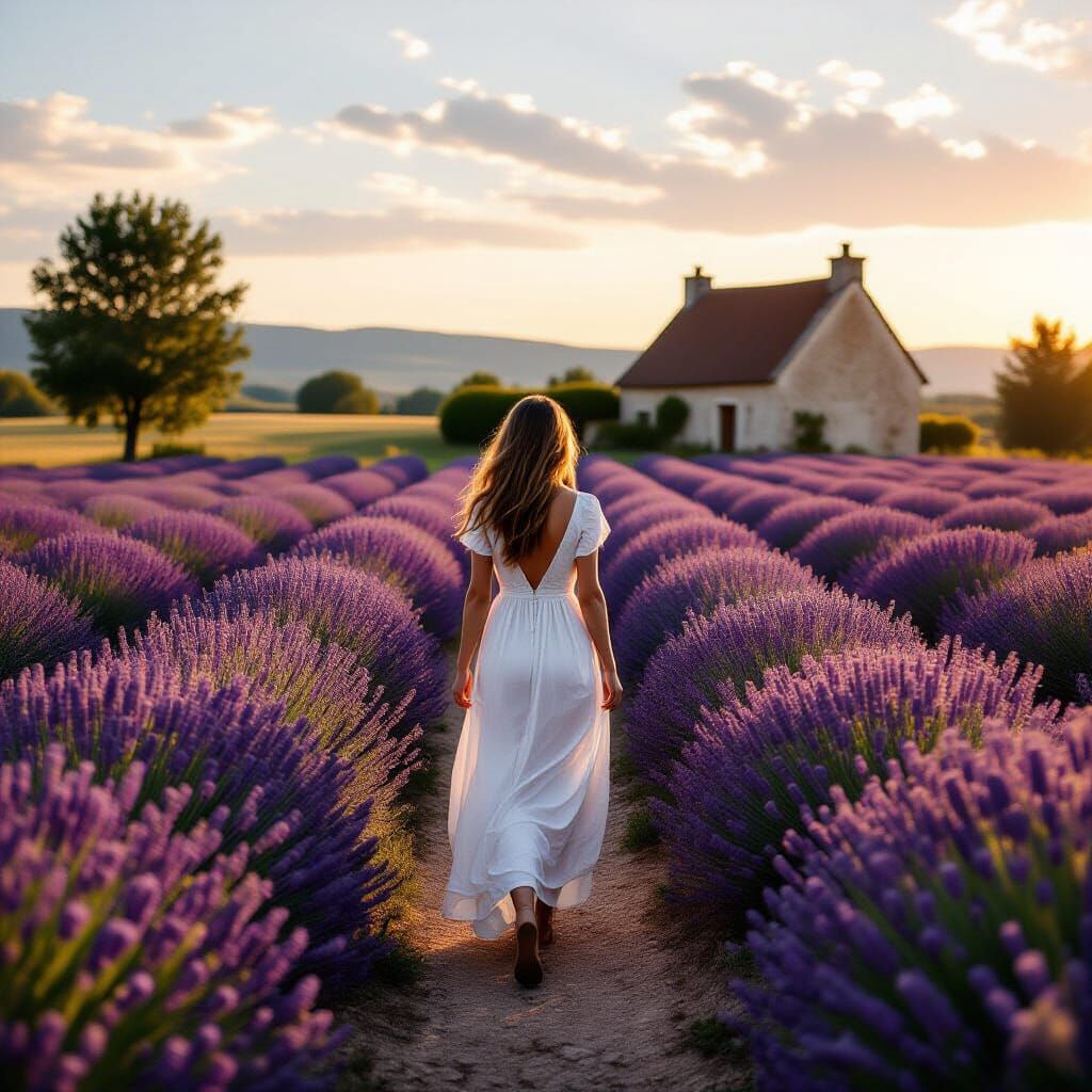 Woman in Lavender Field at Golden Hour