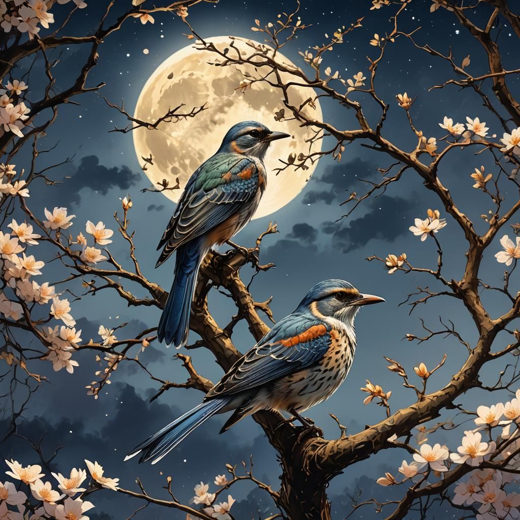 Bird Under Moon: Watercolor Concept Art