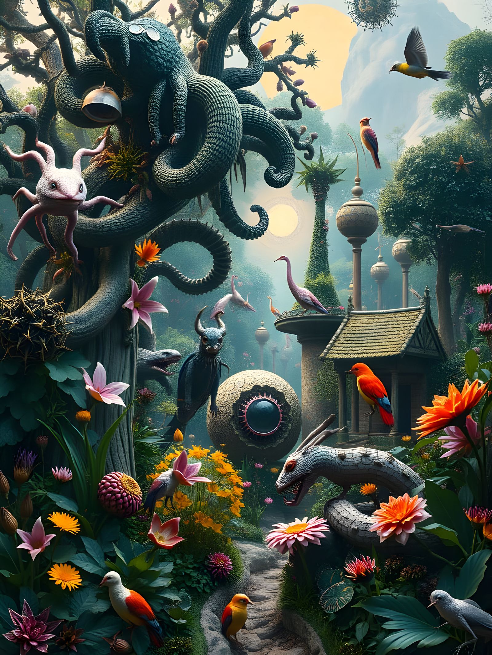 Eerie Nature Scene Inspired by Hieronymus Bosch