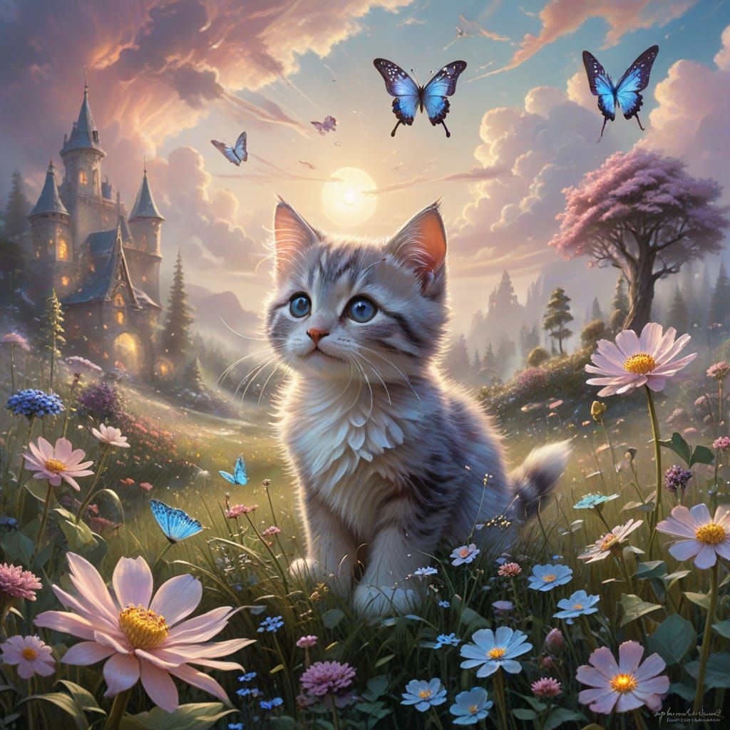 Playful Kitten Chasing Butterfly in Fantastical Floral Dream...