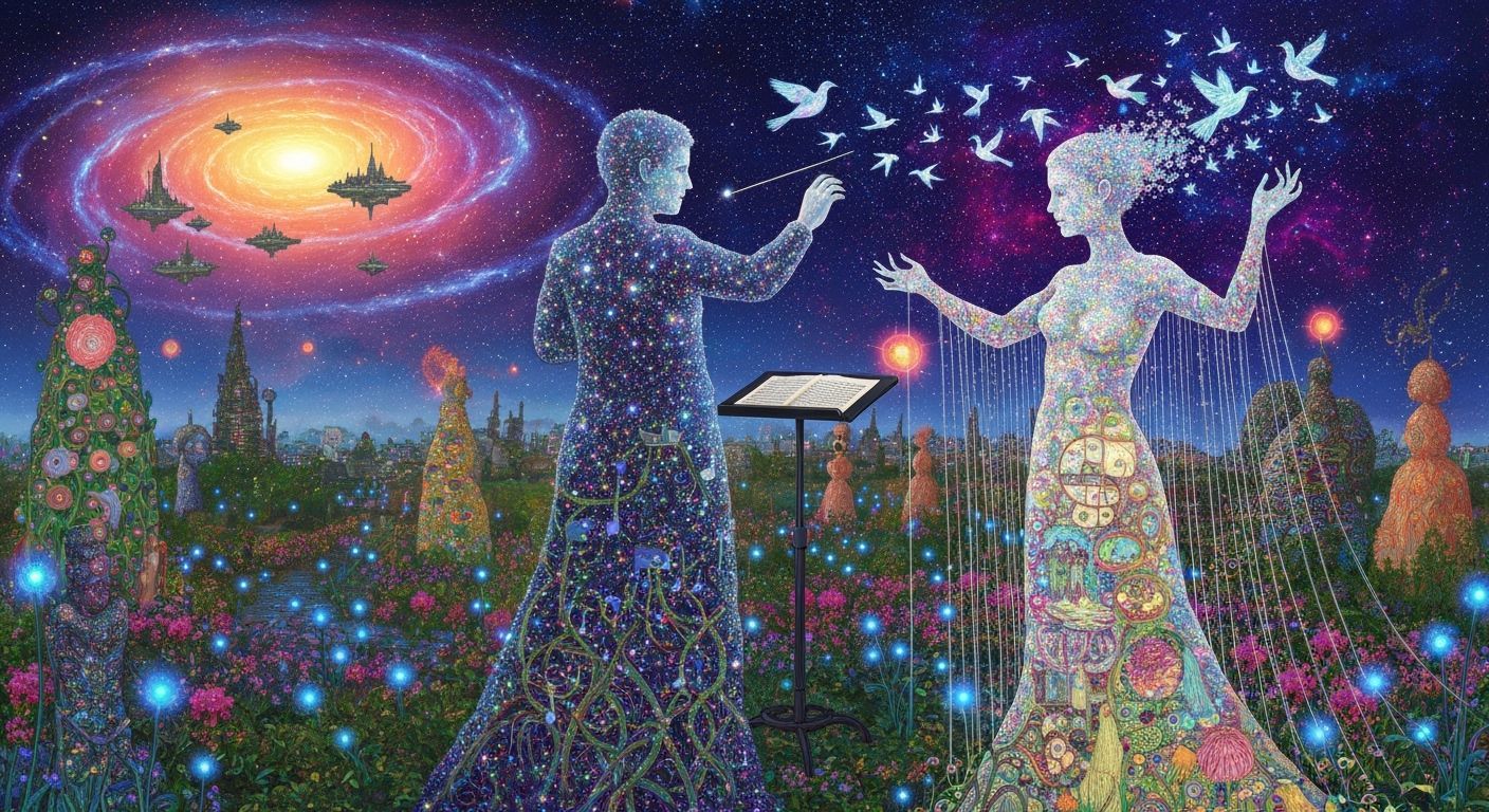 Ethereal Conductor Transforms into Musical Notes and Birds