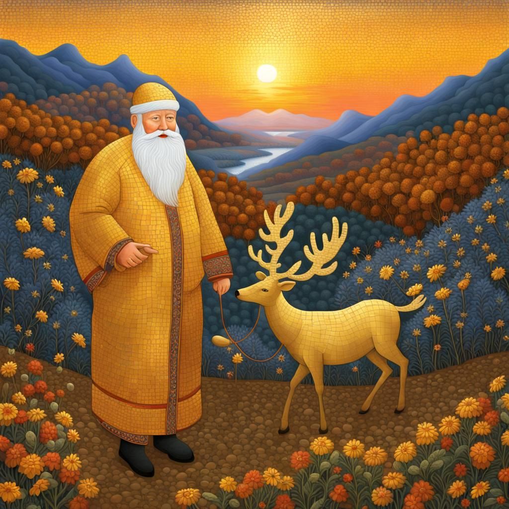 Golden Mosaic: Santa and Reindeer in Byzantine Style
