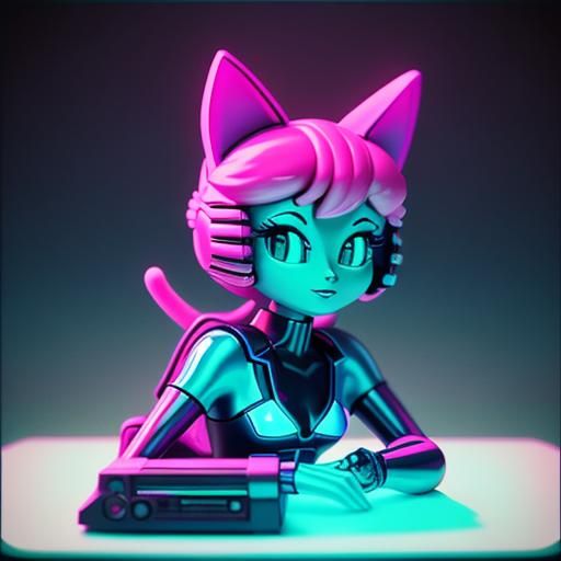 Synthwave Cat Girl Figurine on Neon Desk