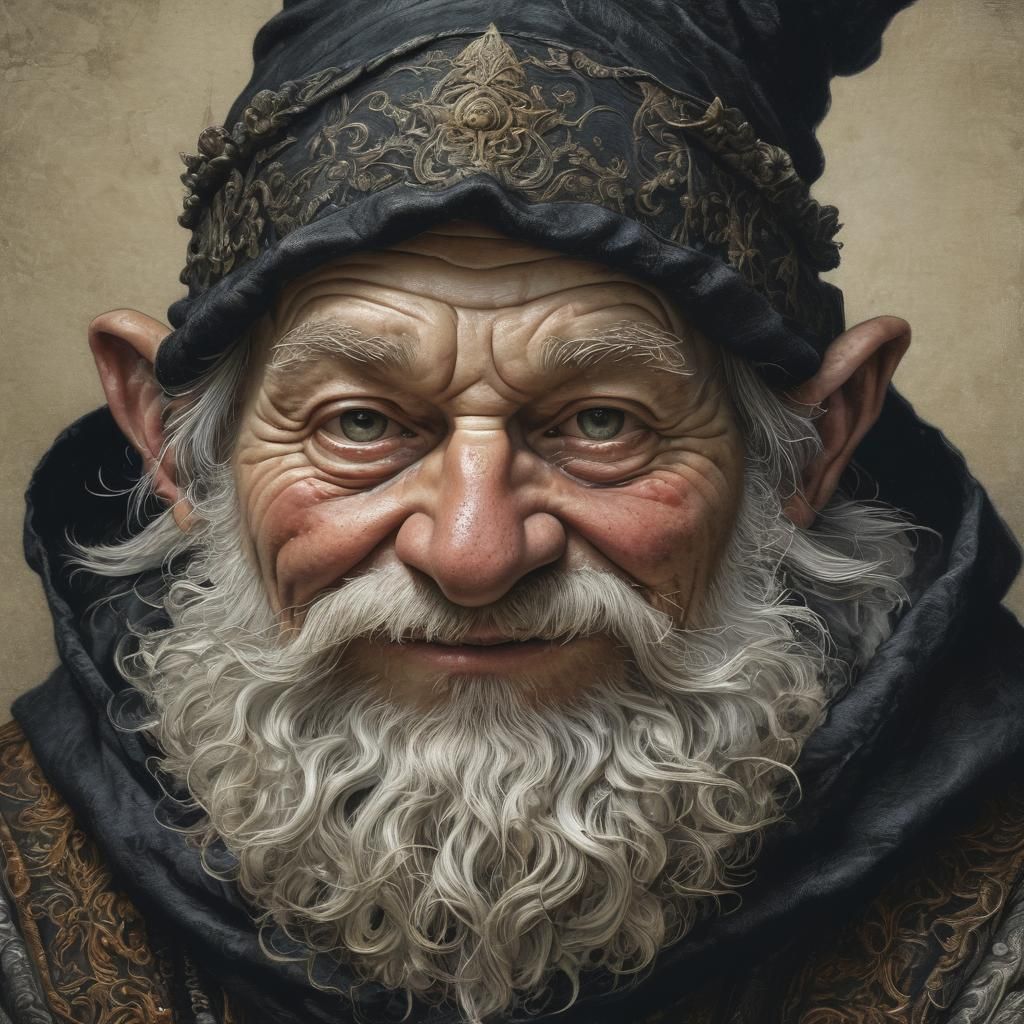 Surreal Baroque Gnome Portrait in Intricate Color Etching St...